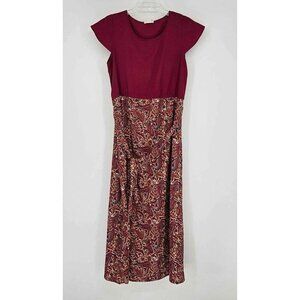 Peach Couture Maroon Paisley Tie Belt Elastic Waist Cap Sleeve Midi Dress Sz M